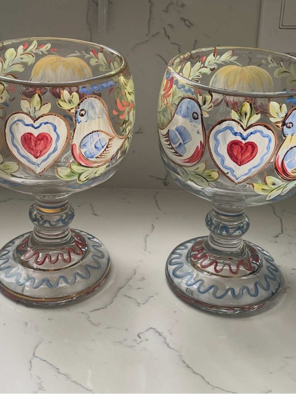 Vintage Hand-Painted Decorative Goblets with Bird & Heart Motif
